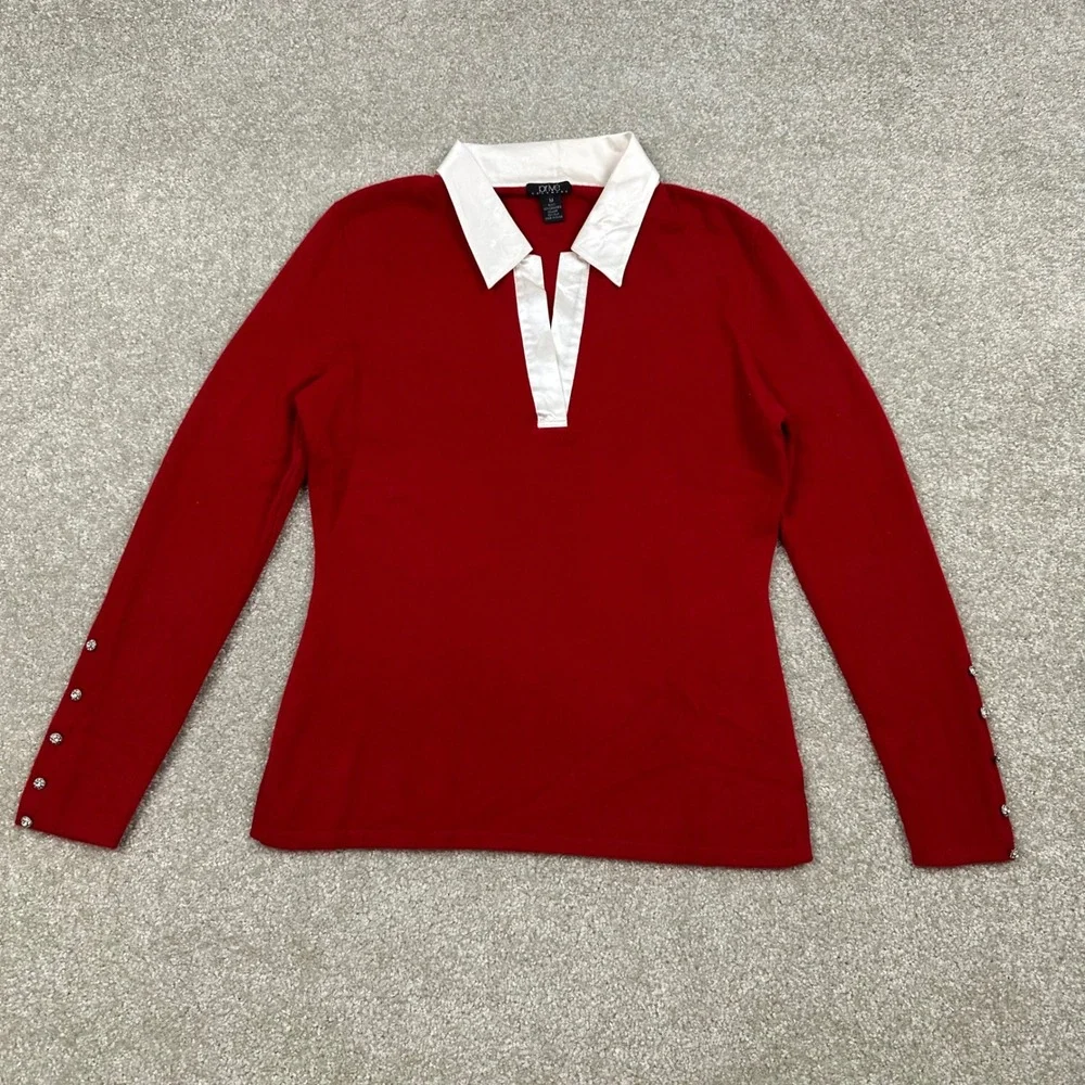 Prive Cashmere Red Silk Collar Sweater Rhinestone Button Cuff Polo Pullover M